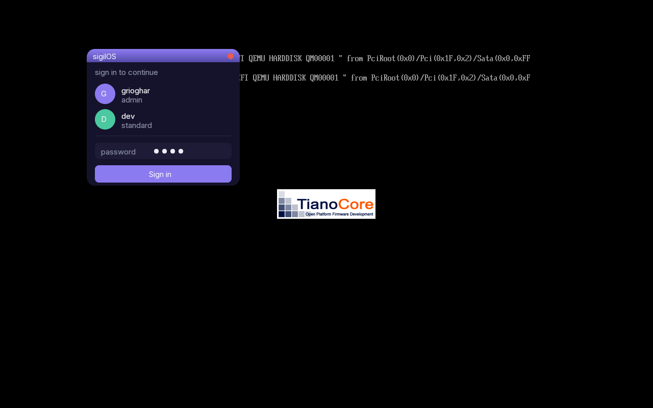 Lumen login screen on real GOP framebuffer
